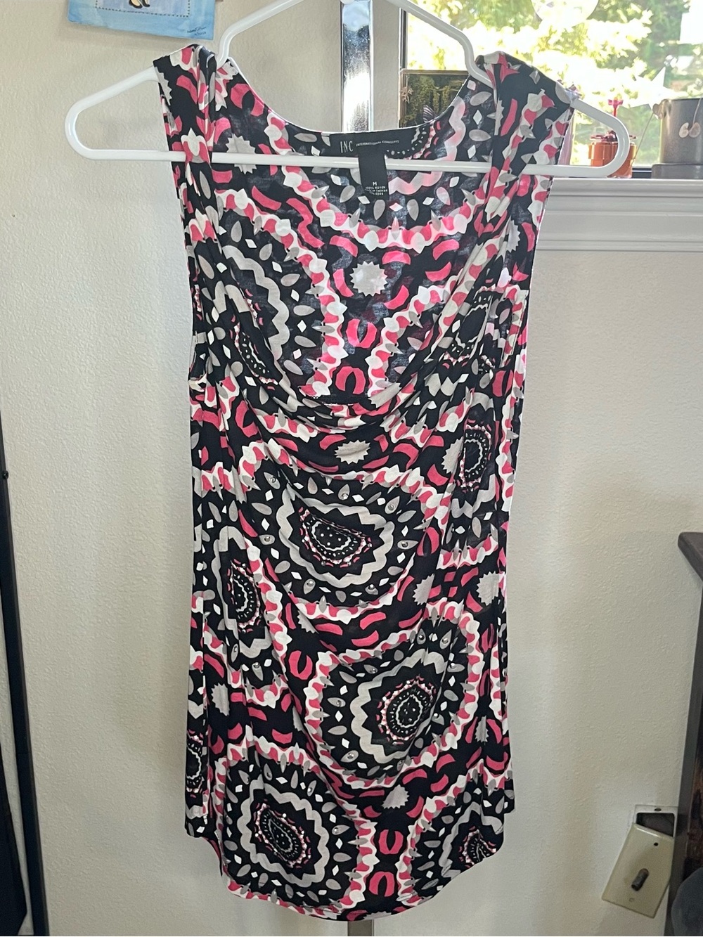 Pink and black tank top with cowl neck